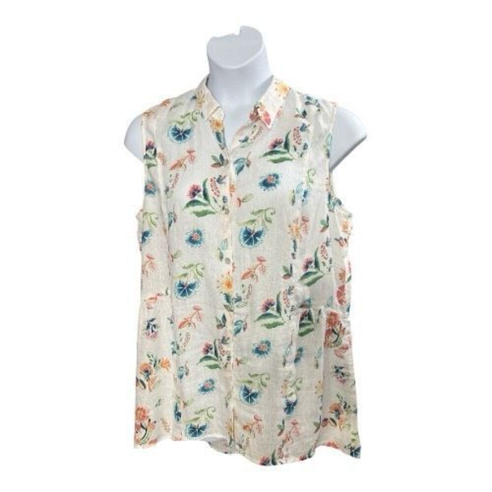 J. Jill Love Linen Sleeveless Button Up Tunic Size L White Multicolor Floral